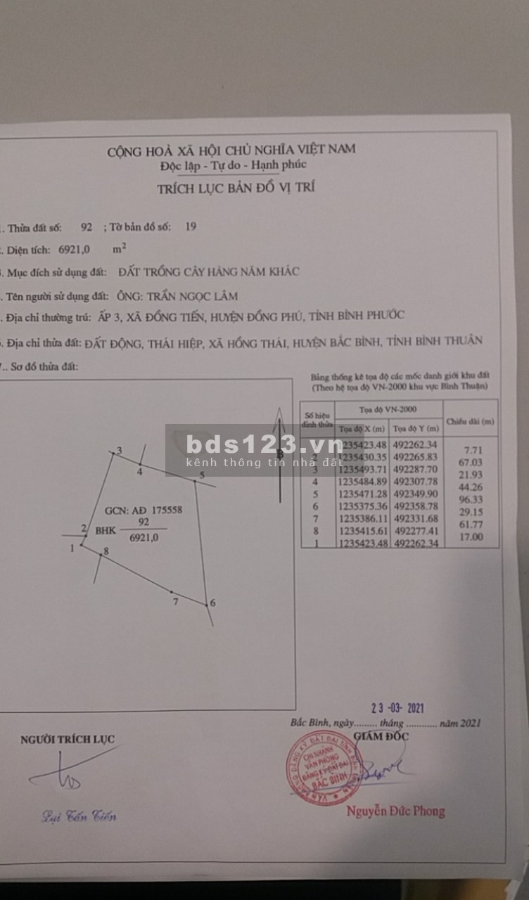Chính chủ cần bán gấp đất 6921m2 giảm còn 70,000/m2, có đường trên sổ