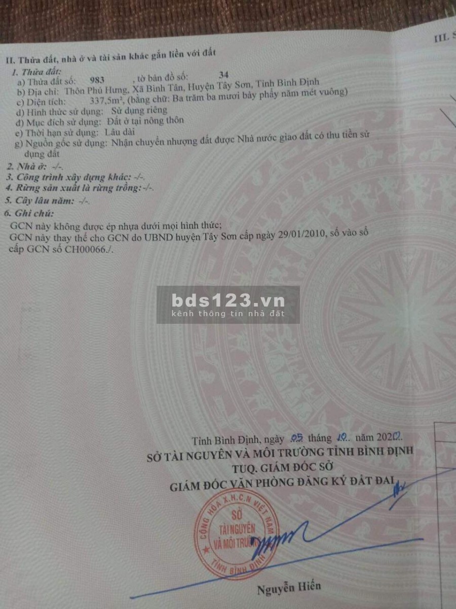Bán lô đất giá rẻ thôn Phú Hưng, Xã Bình Tân, Huyện Tây Sơn, Bình Định