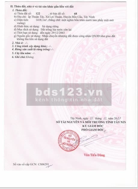 Bán nhanh lô đất trồng lúa Diện tích 1418m2 nở hậu, cách QL 22 Xuyên Á - Bến Cầu 900m.