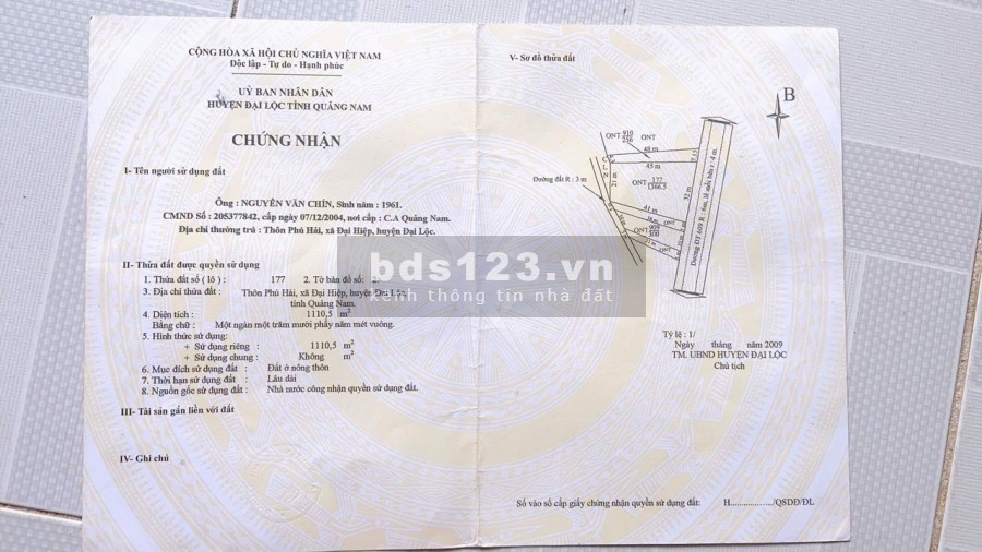 Chính chủ bán 250m2 đất 2 mặt tiền Đại Lộc,Quảng Nam giá 1.7 tỷ
