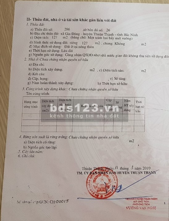 Đất thổ cư Ngọc Khám 127m2, 2 mặt tiền, đường bê tông 2 oto đi đc, sổ đỏ chính chủ ko qua môi giới