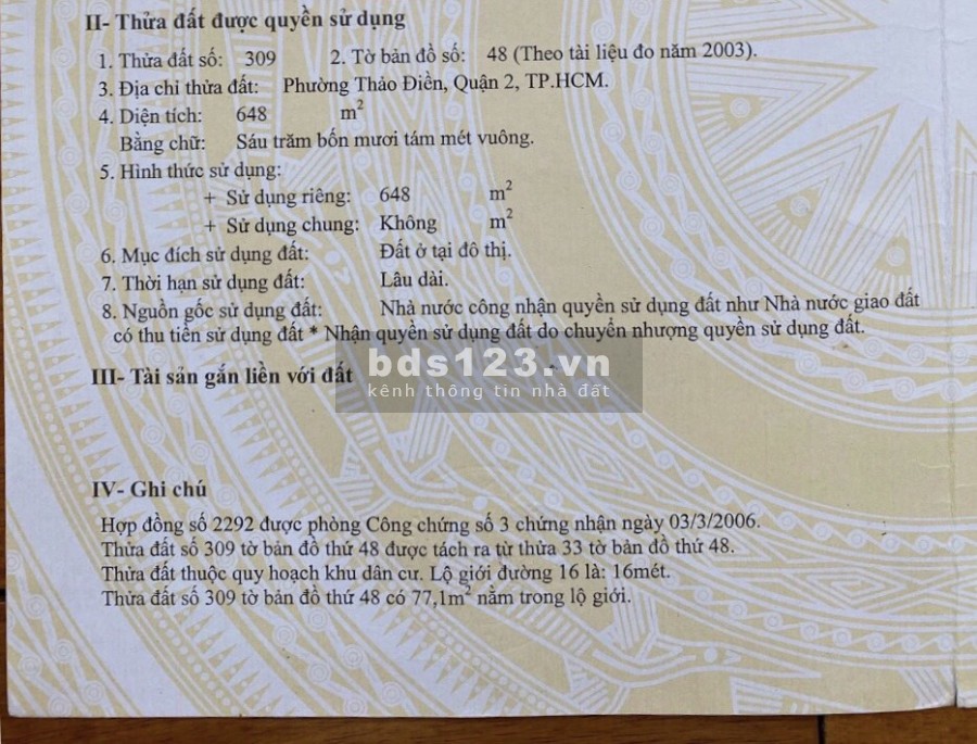 Cần bán nhanh lô đất 2 mặt tiền (trước & sau) đường 12 và 16 phường Thảo Điền