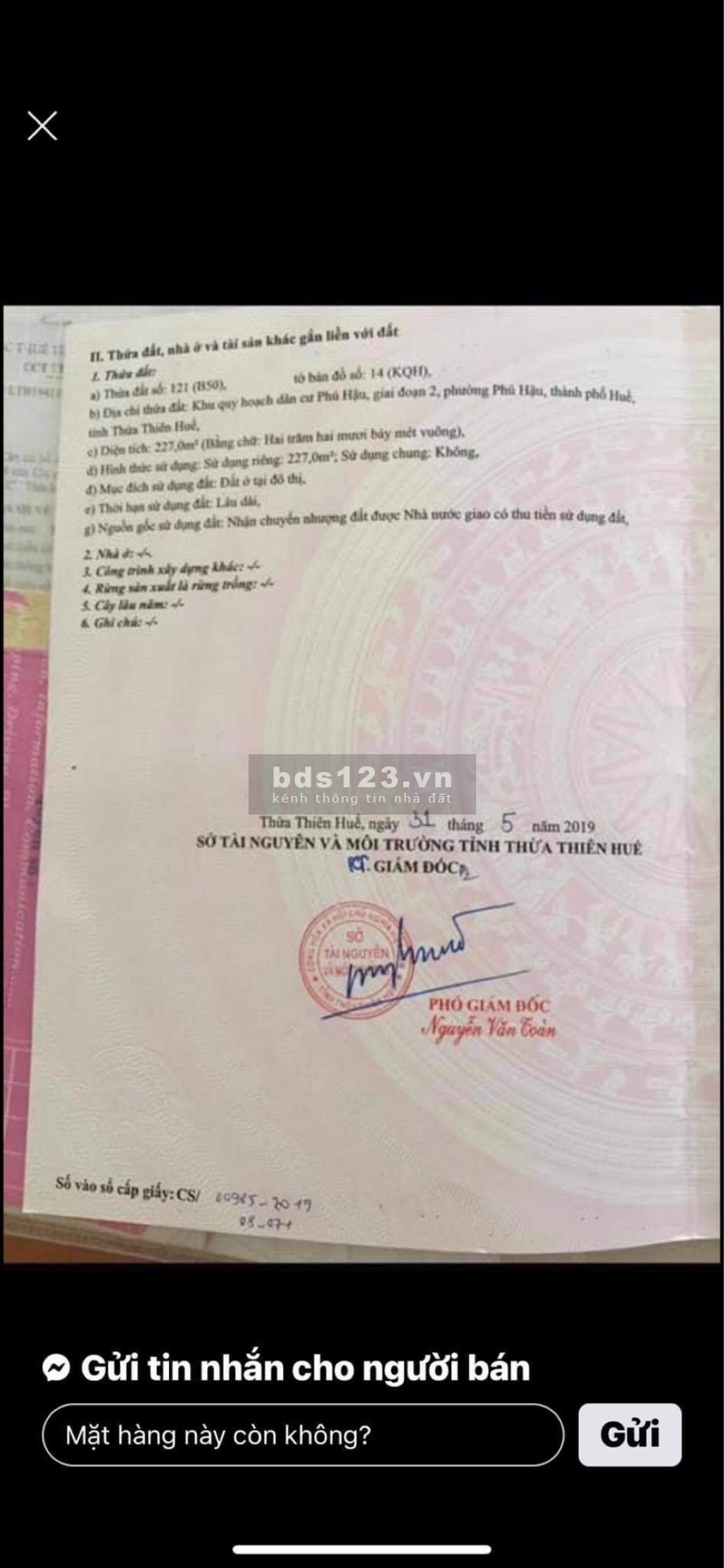 Bán đất 227m2, KQH Phú Hậu GĐ2, Phường phú hậu, TP Huế.