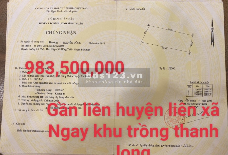 Bán 9835m2 đất nông nghiệp hồng thái ngay khu trồng thanh long và đường liên huyện liên xã Lh 0938677909 Hiền