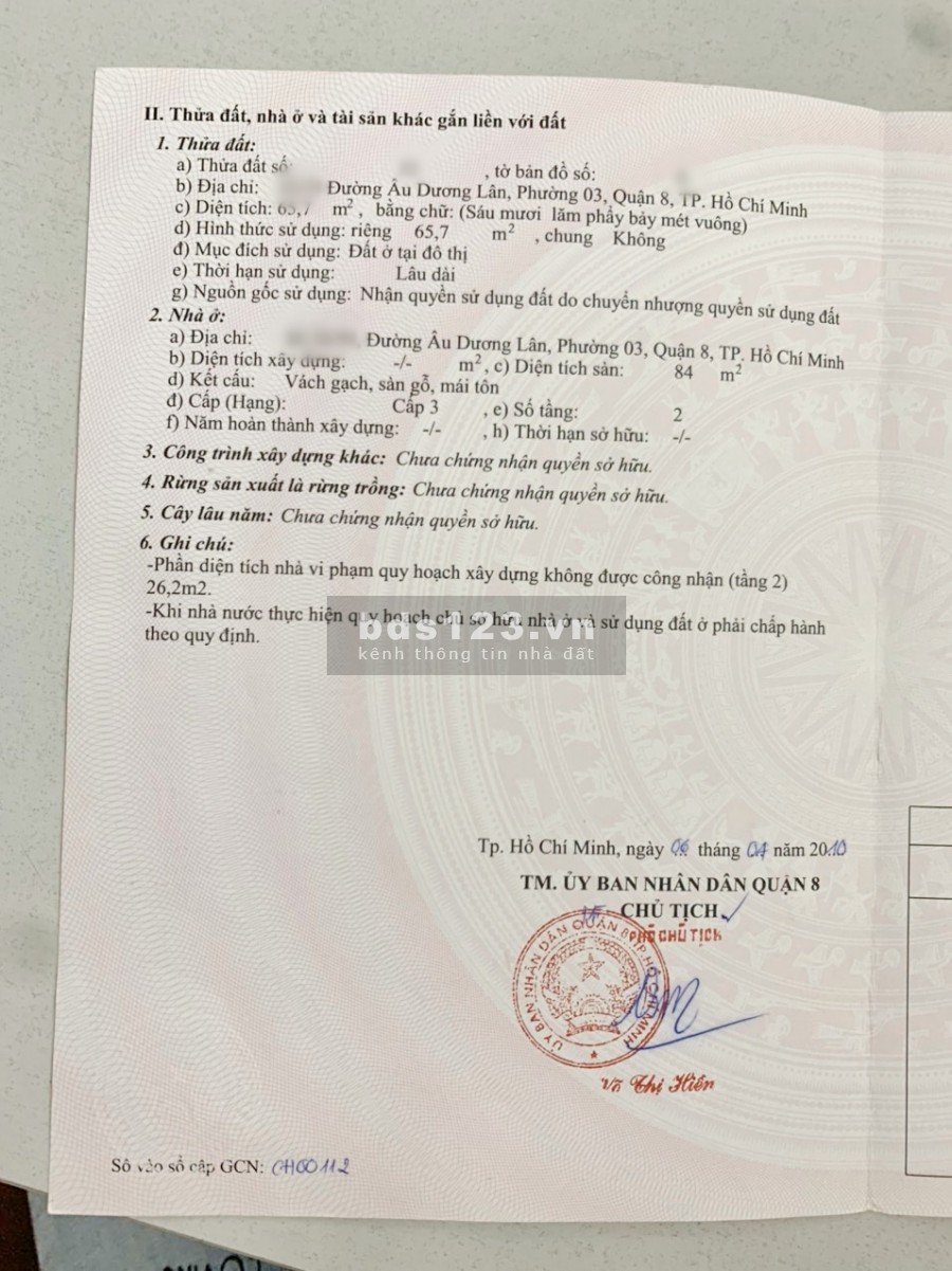 Bán nhà 1 lầu 66m2 hẻm xe hơi 28 Âu Dương Lân Phường 3 Quận 8