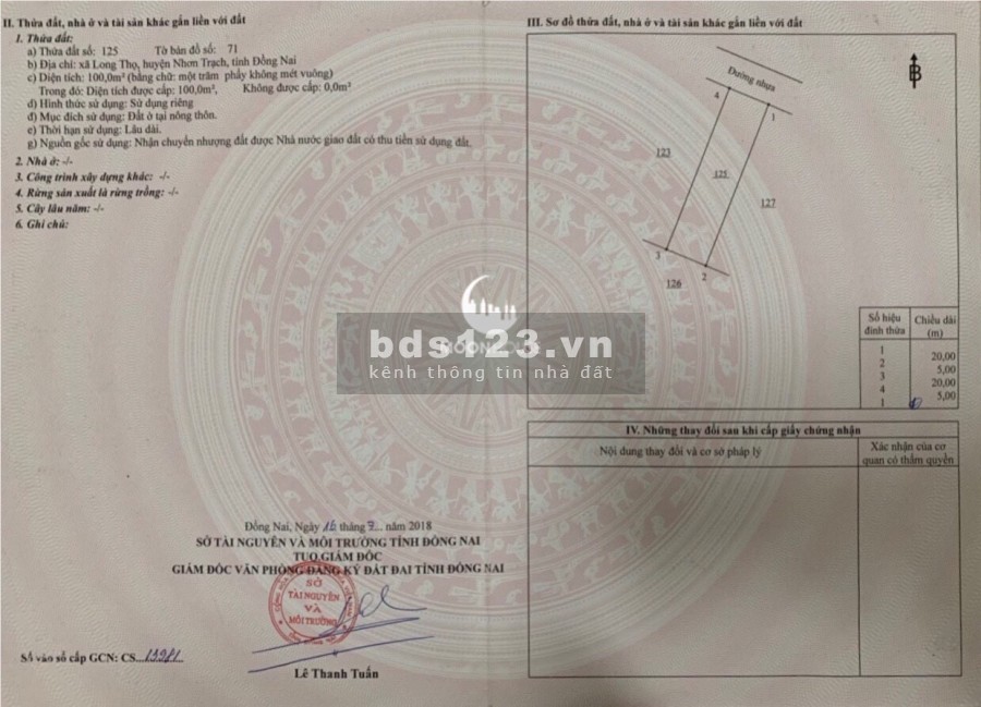 bán 100m2 đất full thổ cư gần khu công nghiệp tiện làm nhà trọ xã Long Thọ Huyện Nhơn