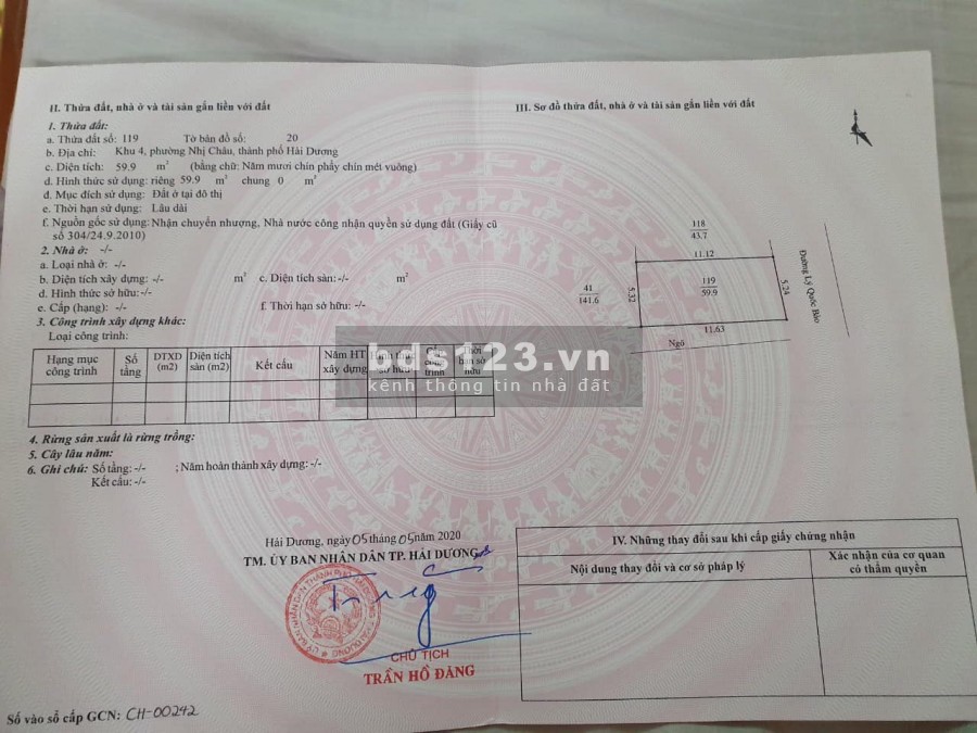 Bán căn nhà cũ, 2 mặt tiền phố Lý Quốc Bảo, TP HD, 59.9m2, mt 5.24m, 2 tầng, giá cực tốt