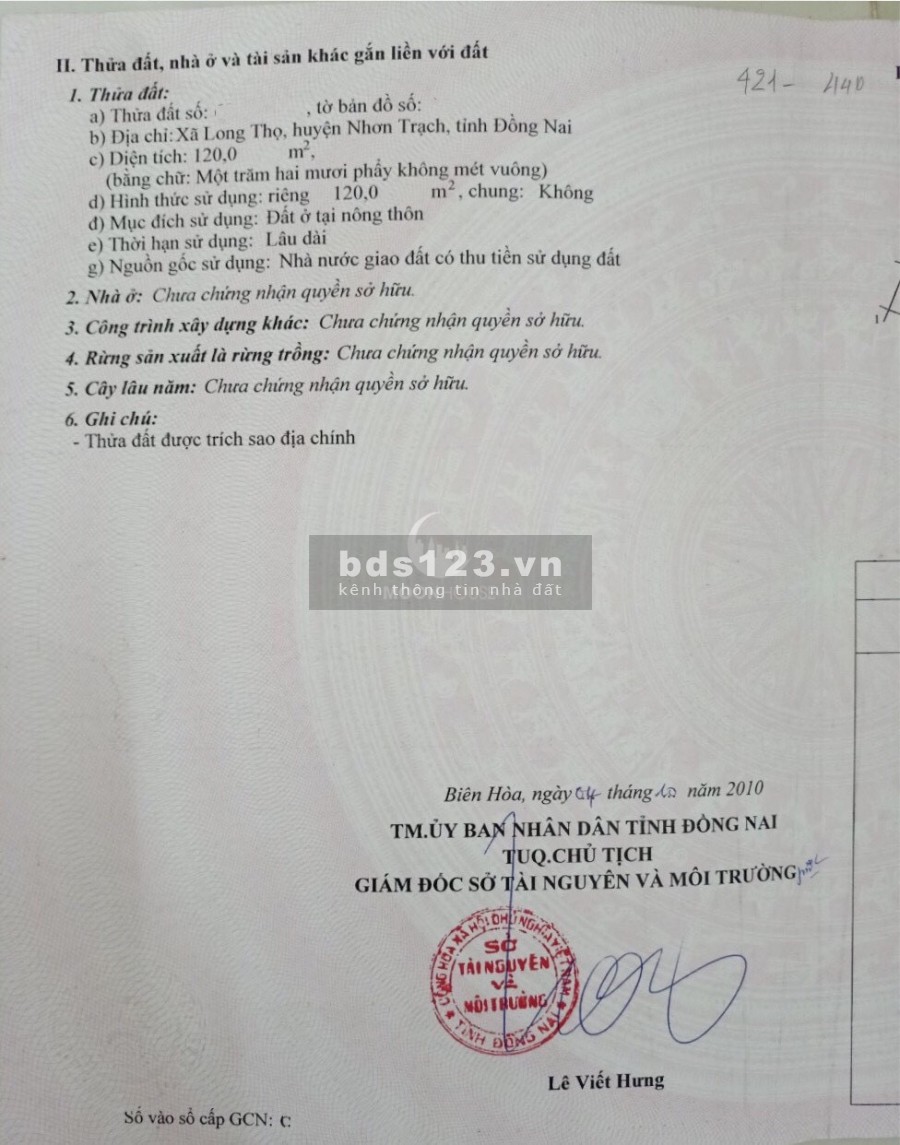 Bán đất nền huyện nhơn trạch dự án HUD 120m2 ngang 6 dài 20 LH: 0907016378