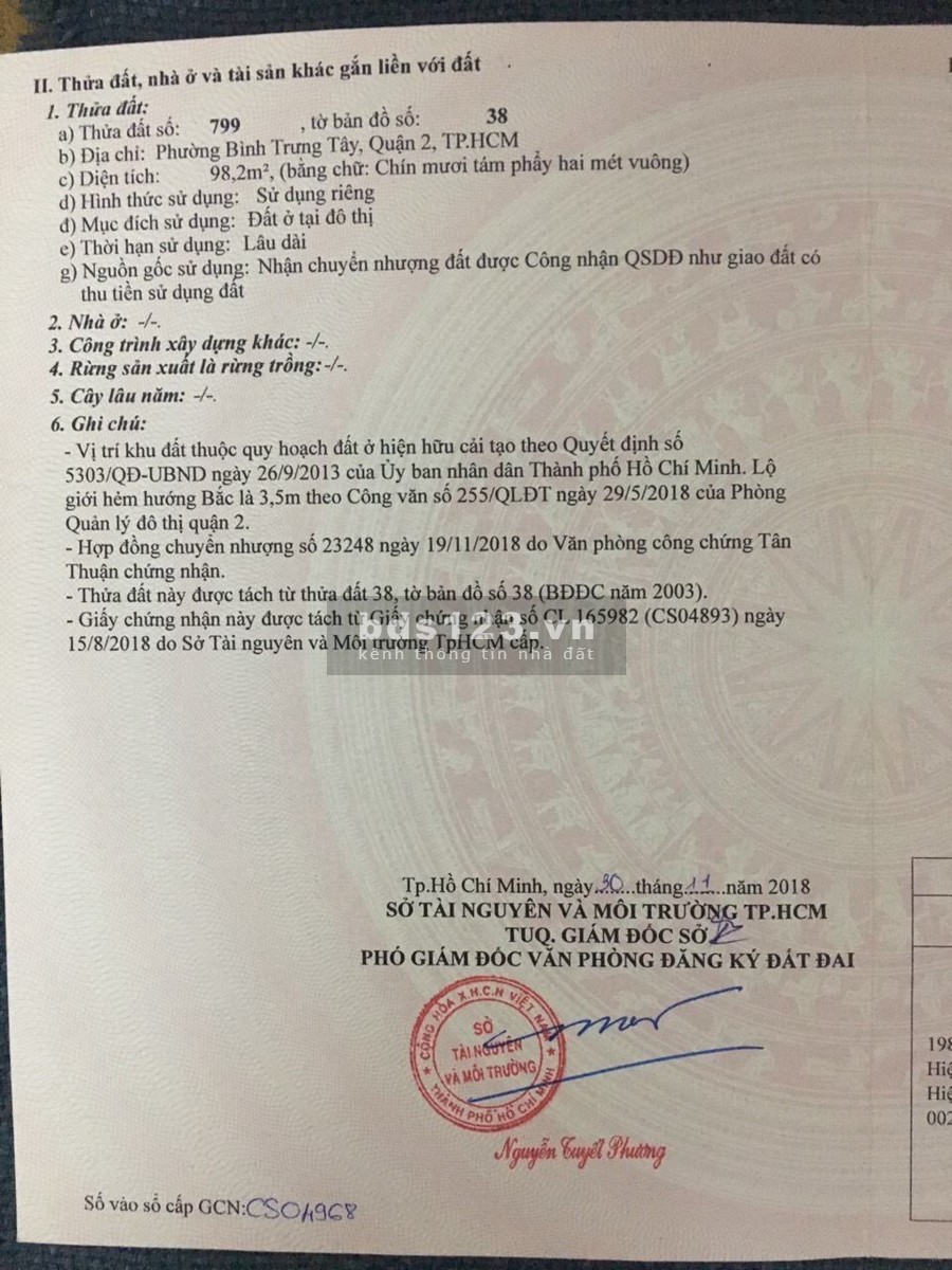 Chính chủ cần bán gấp lô đất giá rẻ P. Bình Trưng Tây, Q. 2, DT: 98 m2 Giá 4,4 tỷ