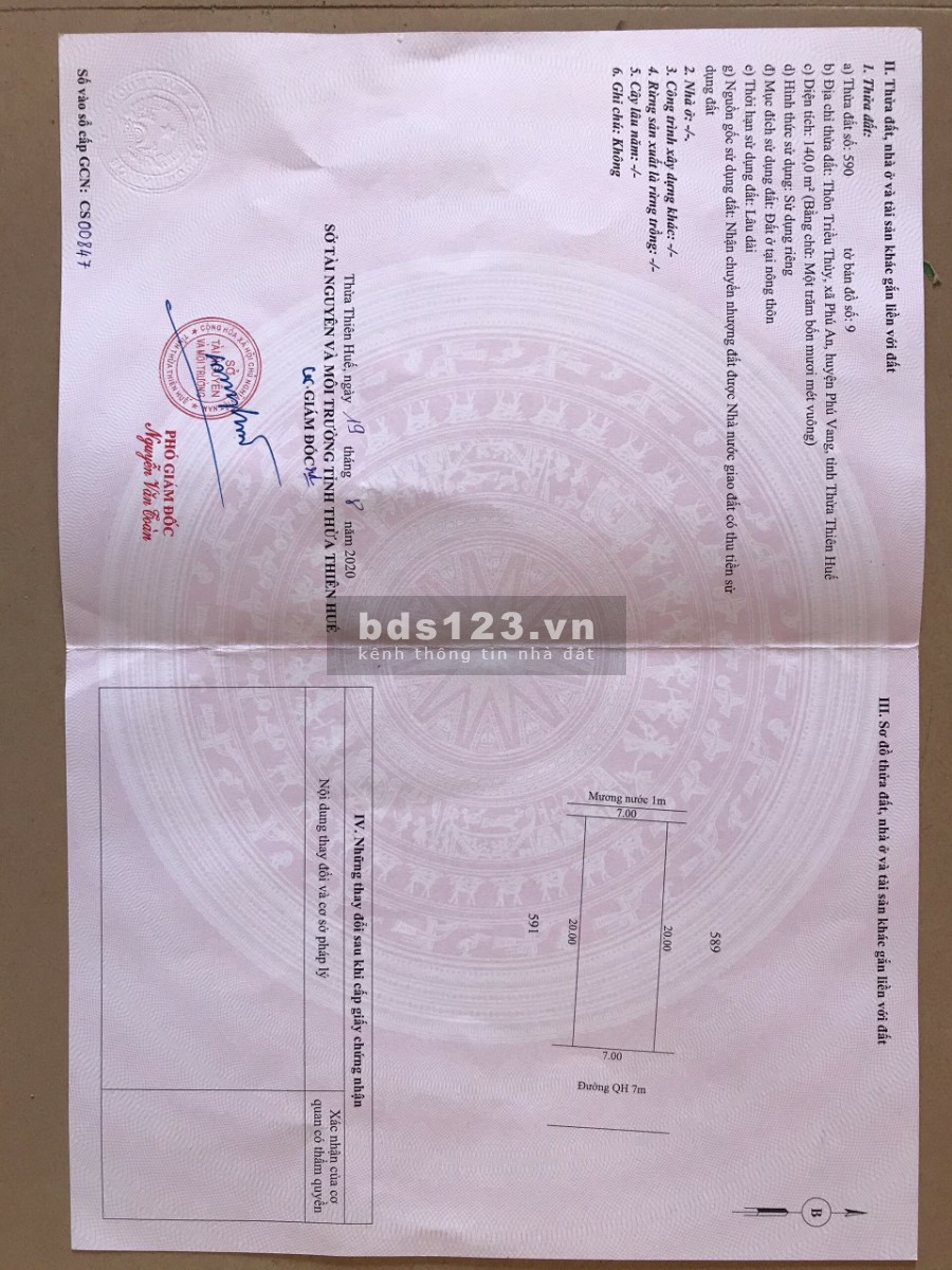 CẦN BÁN LÔ ĐẤT 140m TRIỀU THUỶ ĐẦU TƯ SINH LỢI CỰC NHANH