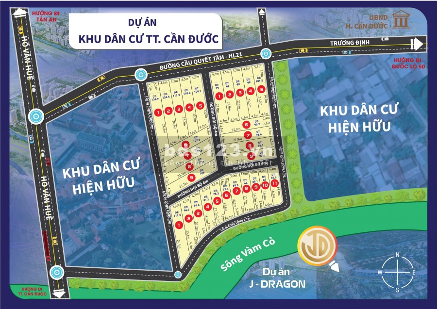 Đất thổ cư , sổ hồng riêng . 2 MT đường QL50 và Hồ Văn Huê , dt 5x20