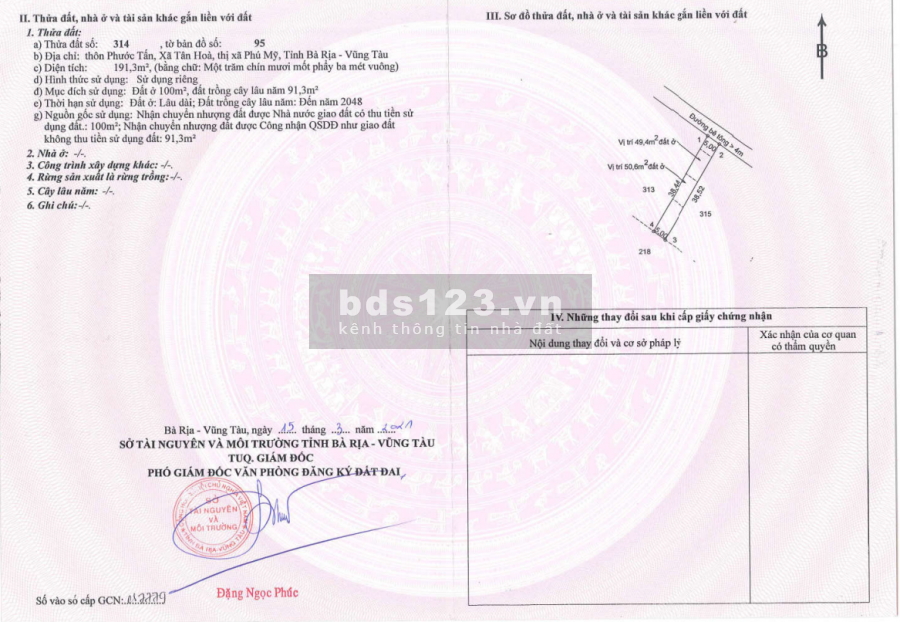 Bán lô đất 2 mặt tiền gần khu du lịch núi dinh tx. Phú mỹ 5*38, shr