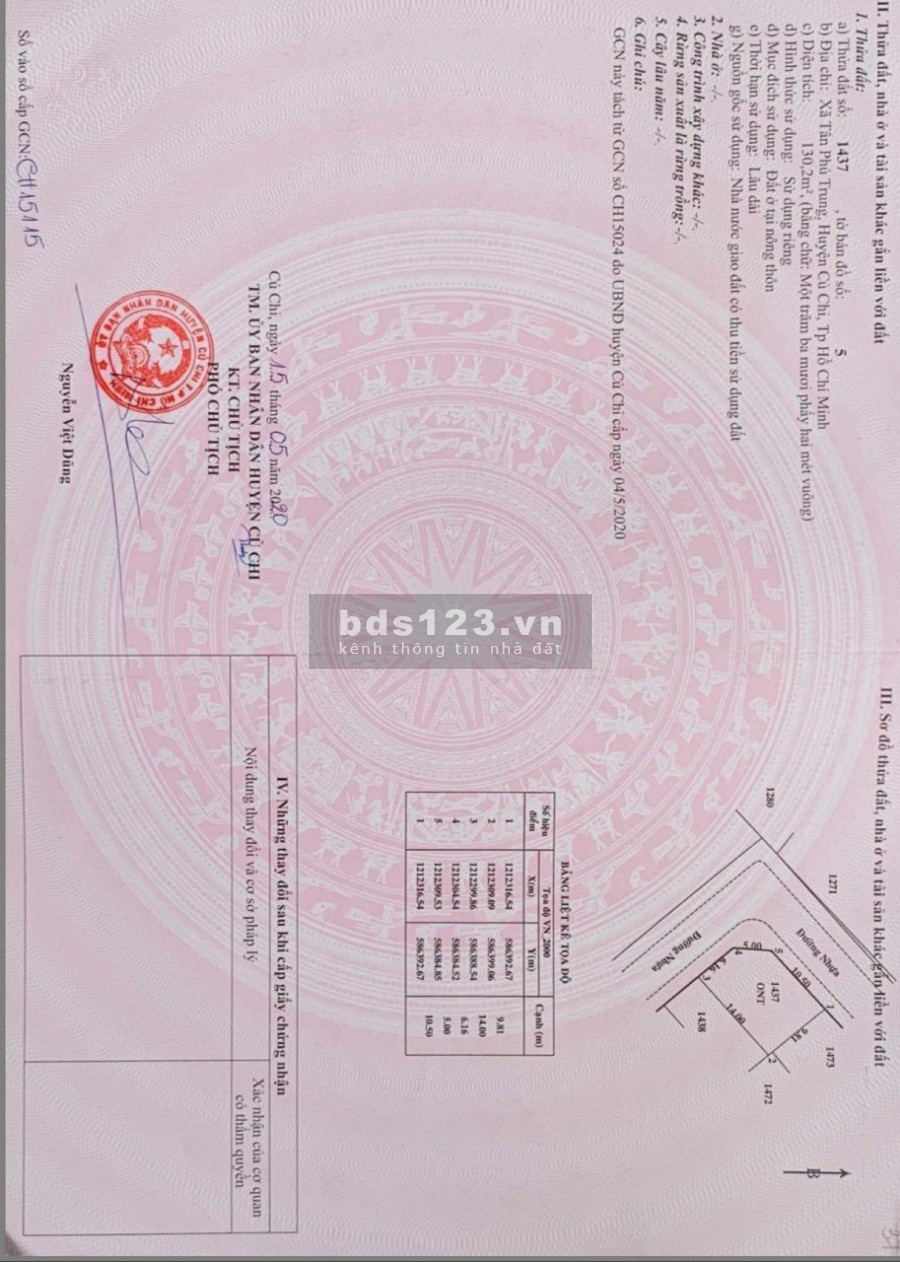Đất mặt tiền đường Nguyễn Thị Lắng, Tân Phú Trung, 130m2 giá 1.5 tỷ