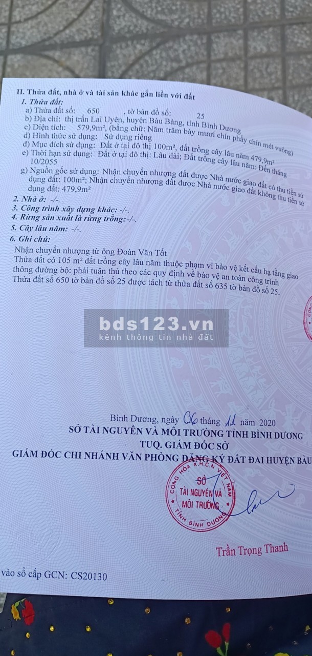 Bán ra lô đất Bàu Bàng, diện tích 579m2, giá 3,9tỷ, chính chủ có thương lượng khách thiện chí