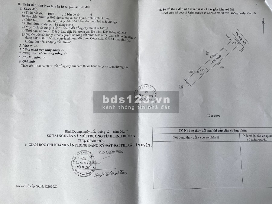 Chủ gửi bán lô đất phường Hội Nghĩa, tx Tân Uyên, 1,4 tỷ, dt 262m2, LH 0977205357