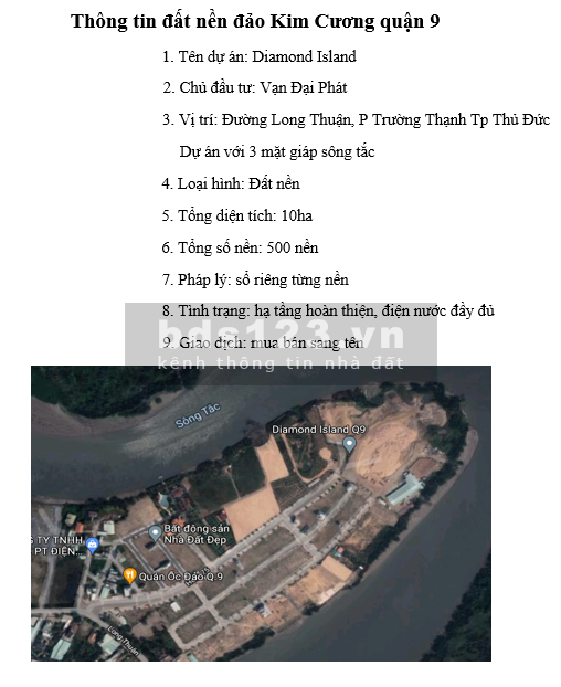 Cần bán đất nền quận 9, thuộc dự án Đảo Kim Cương, p Trường Thạnh giá 2.89ty