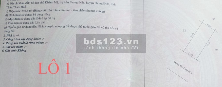 Bán Đất MT Đường Văn Lang 26m, huyện Phong Điền, Thừa Thiên Huế ( 600m2 )