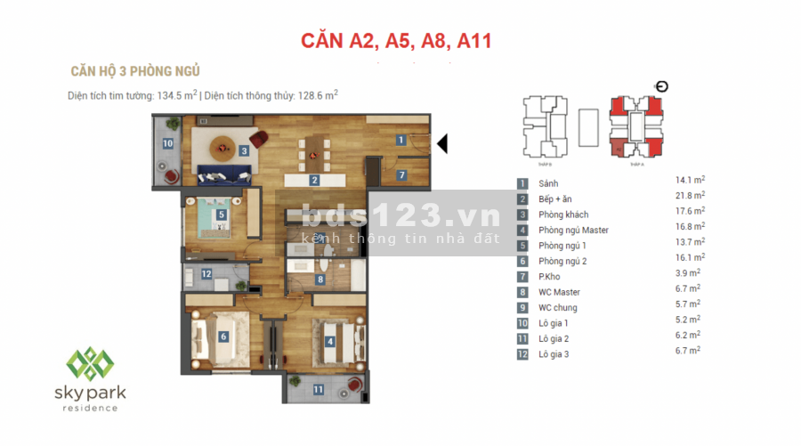 Bán căn hộ 3PN Sky Park Residence - số 3 Tôn Thất Thuyết
