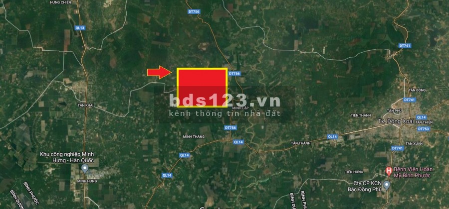 9,6 héc. Thổ cư có 1.400m2. MT đường 756B Minh Lập Chơn Thành Bình Phước.