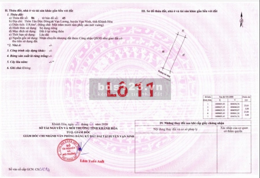Duy nhất đất ven biển xã Vạn Lương, khu kinh tế Bắc Vân Phong, tỉnh Khánh Hòa chỉ 1x/m2