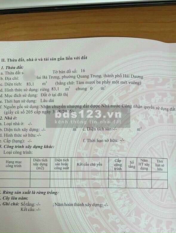 Bán đất mặt phố Hai Bà Trưng, ph Quang Trung, TP HD, 83.1m2, mt 6.45m, KD sầm uất, giá cực tốt