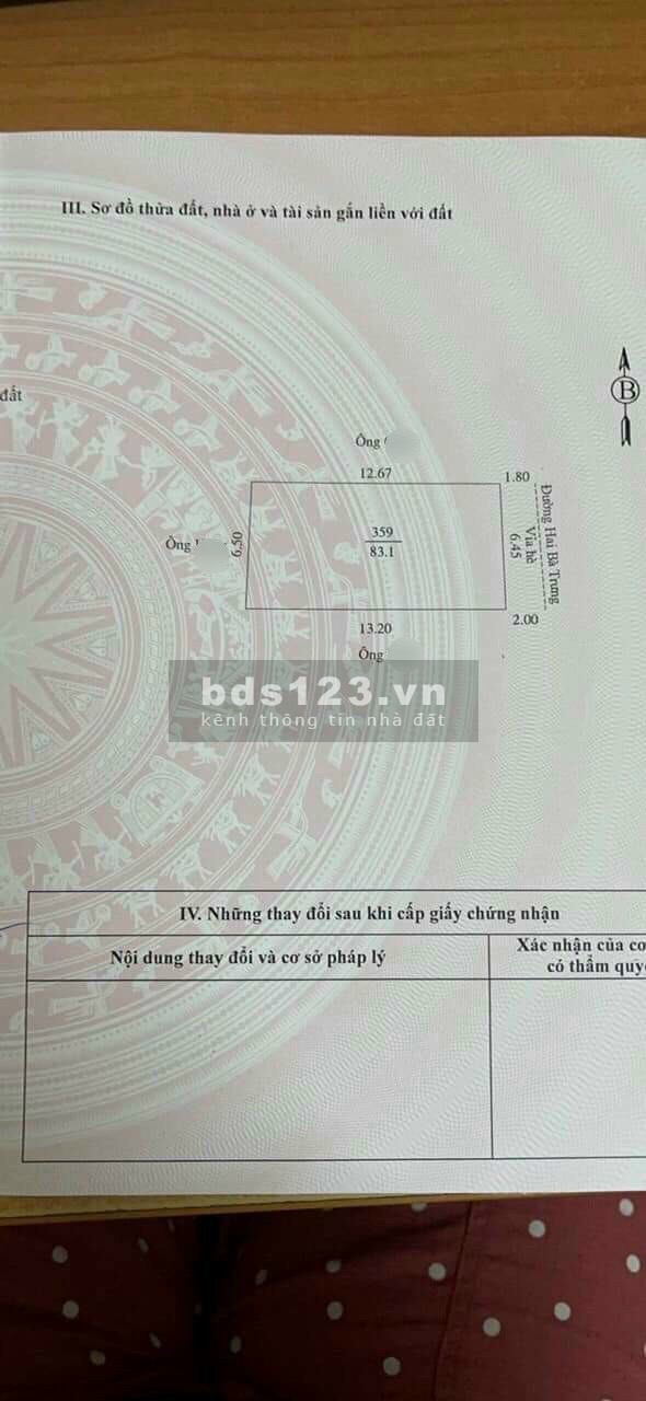 Bán đất mặt phố Hai Bà Trưng, ph Quang Trung, TP HD, 83.1m2, mt 6.45m, KD sầm uất, giá cực tốt