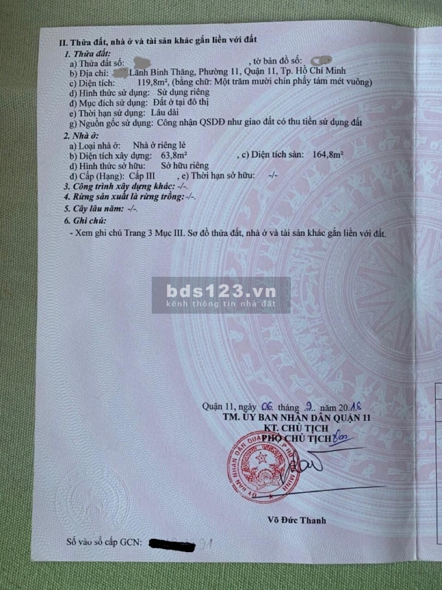 Bán nhà mặt tiền đường Lãnh Binh Thăng, phường 11 ,quận 11