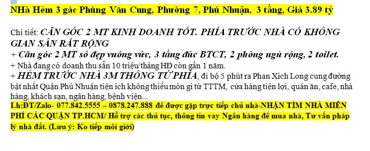 NHà Hẻm 3 gác Phùng Văn Cung, Phường 7, Phú Nhuận, 3 tầng, Giá chỉ 3.89 tỷ