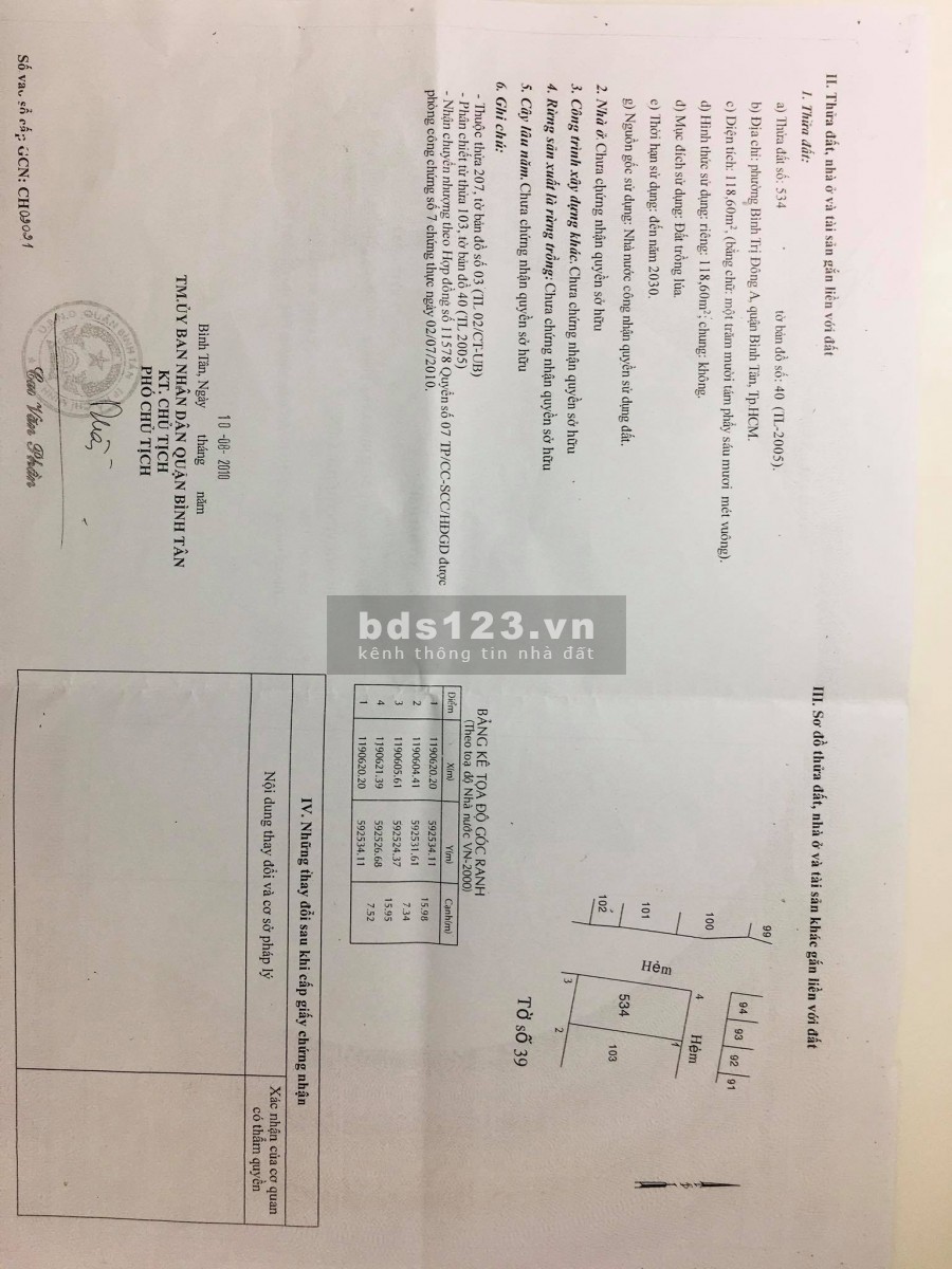 Chính Chủ Bán Nền Đất Nông Nghiệp Hương Lộ 2 Q Bình Tân