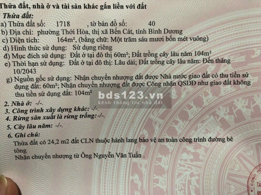 Bán đất Thới Hoà, thị xã Bến Cát 164m2, 1tỷ180 chính chủ, nằm trên tuyến đường QL13