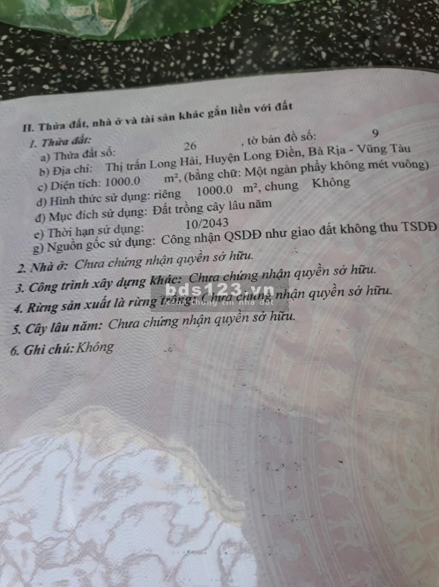 Bán 2 lô đất 1000 và 2000m Biệt thự nhà vườn biển Long Hải gần khu du lịch ngọc sương 0903 066 813