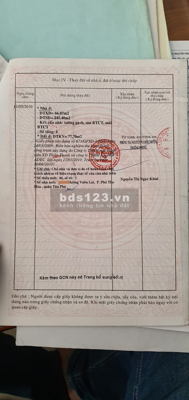 Bán nhà hẻm đường Vườn Lài phường Phú Thọ Hòa Quận Tân Phú