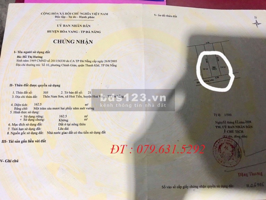 Đất Hòa tiến - Đà Nẵng đường bê tông 3m5 giá 750 triệu