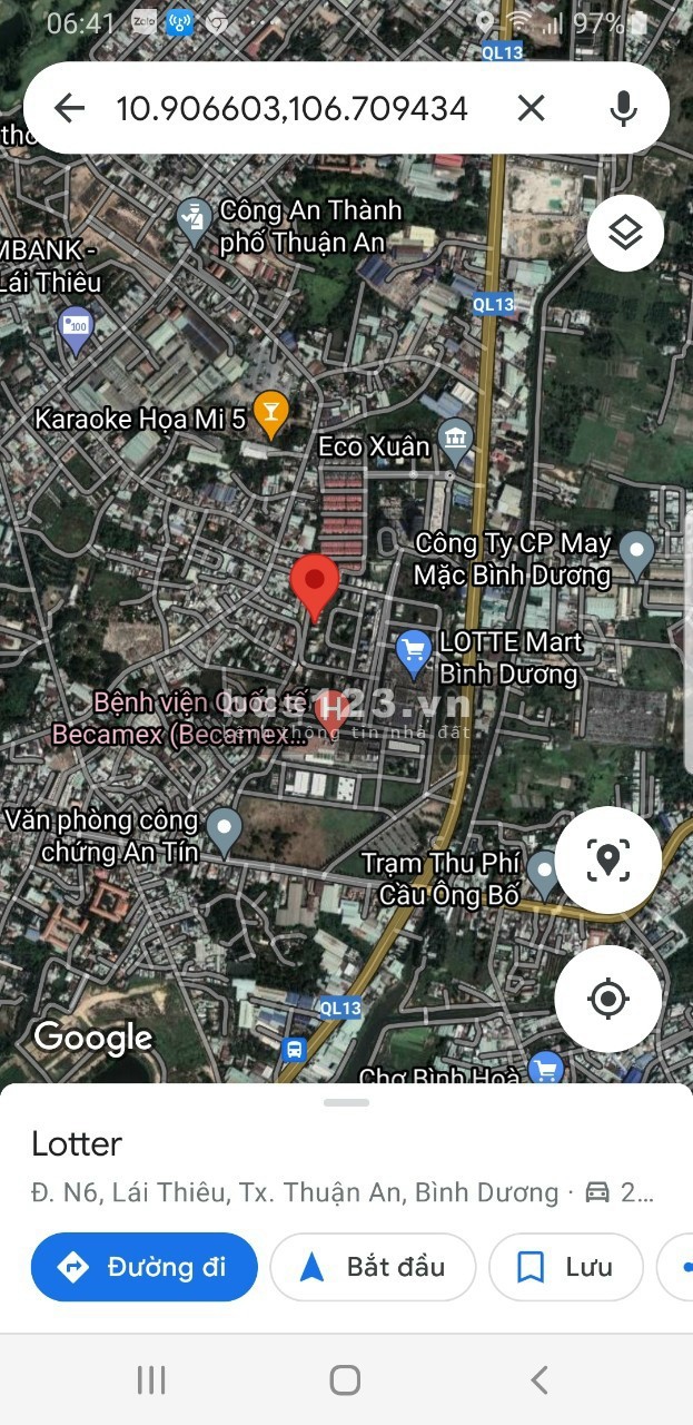 Bán đất Thuận An diện tích 109m2, giá 3tỷ180tr, nằm ngay sau siêu thị Lotte Mart