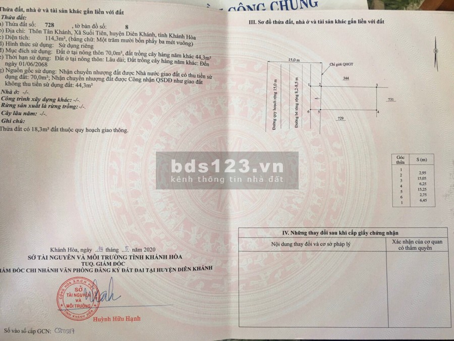 Đất mặt tiền đường 15m Suối Tiên, Diên Khánh, giá 4.5 triệu/m2, giá chốt