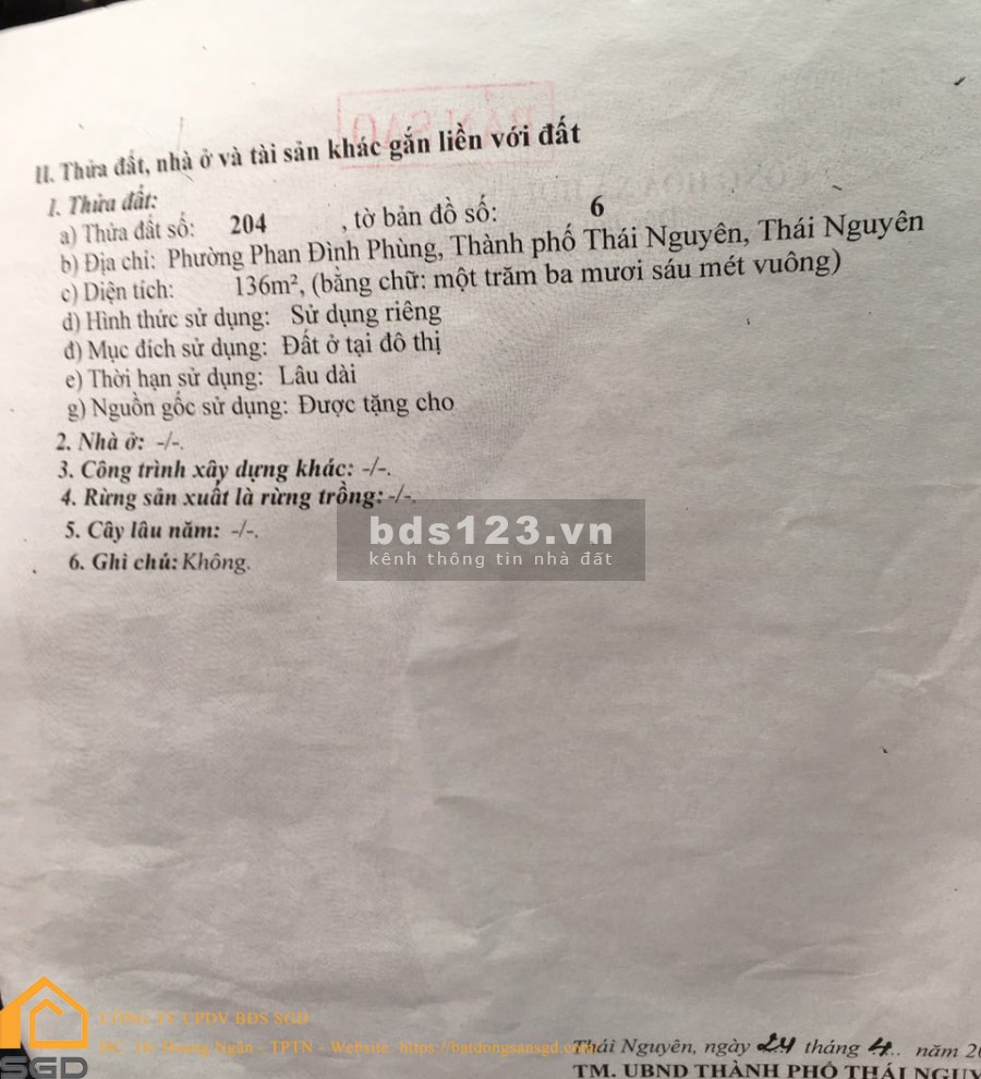 Lô đất 2 mặt tiền, 244m2 trung tâm thành phố Thái Nguyên