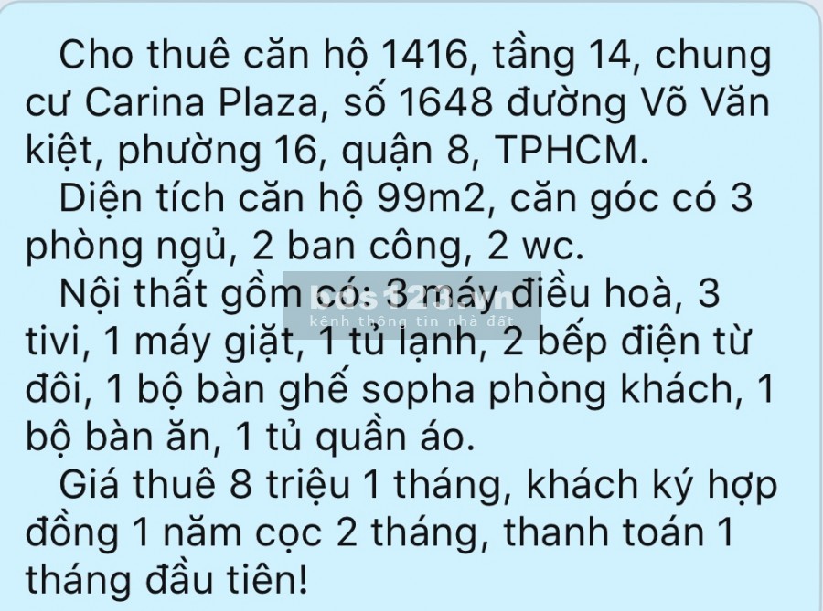 Cho thuê chung cư Carina plaza, phường 16, quận 8, 3 phòng ngủ, giá 8.000.000VND