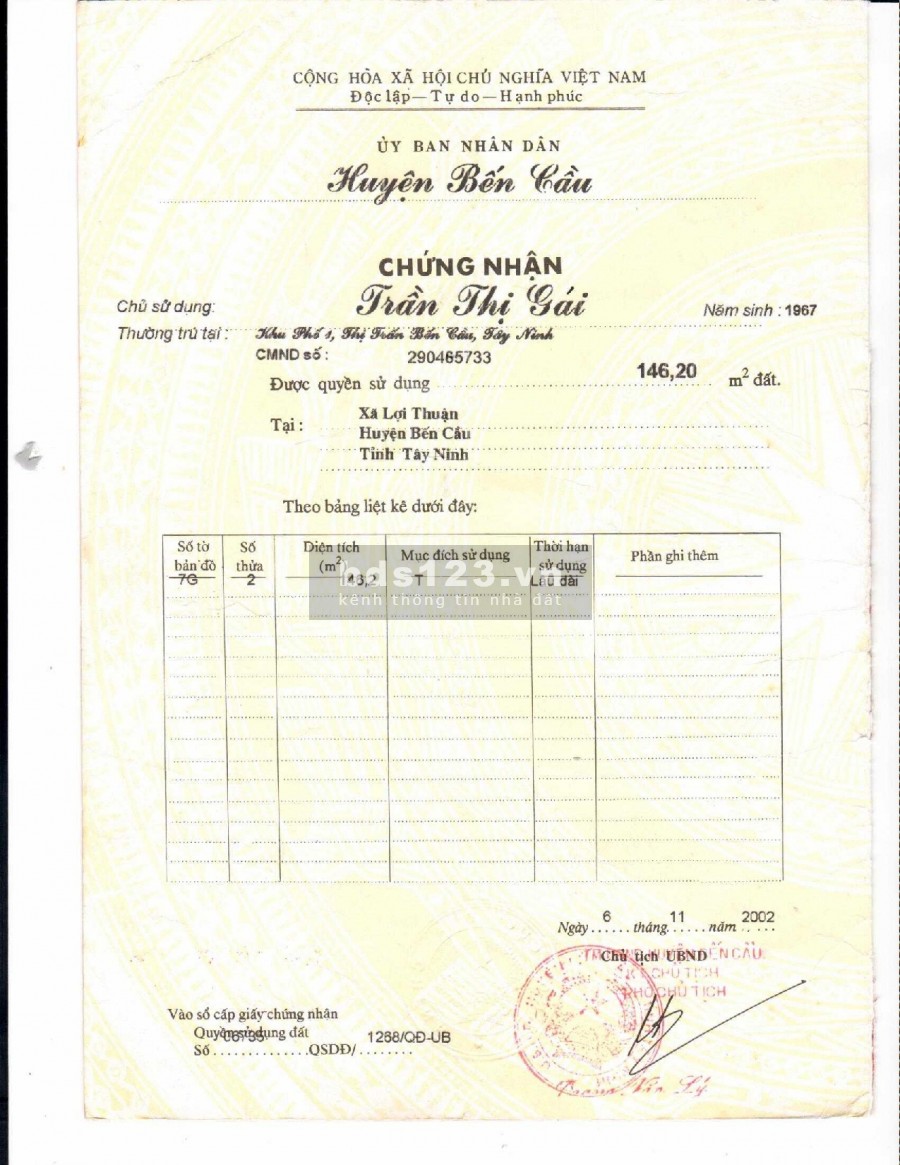 Bán lô đất thổ cư DT 146m2. Đất nền phân lô mặt tiền QL 22 Xuyên Á-Bến Cầu. GIÁ 800 TRIỆU