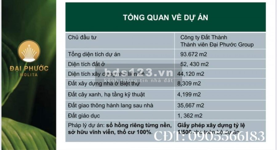 Mở Bán Giai Đoạn Đầu/Giá Fo Dự An Dai Phuoc Molita, Bàu Bàng, Bình Dương, LH:CĐT- 0905566183