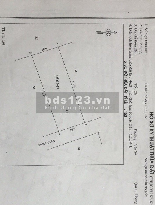 Chính chủ bán gấp 46m2 đất ở Yên Sở. Giá 950 triệu