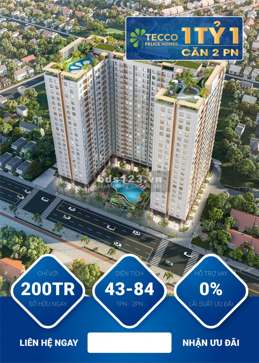 Căn hộ rẻ nhất ở Bình Dương, 2 phòng ngủ, giá chỉ từ 1.1 tỷ