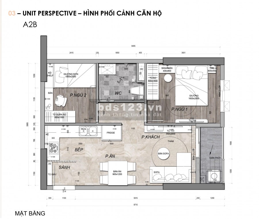 Căn hộ 2 phòng ngủ 1 vệ sinh ở dự án HT Pearl Dĩ An, Thành phố Bình Dương
