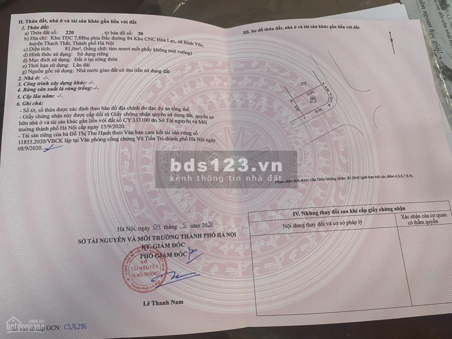 Cần bán lô đất thôn Linh Sơn, xã Bình Yên, Thạch Thất, khu dân cư