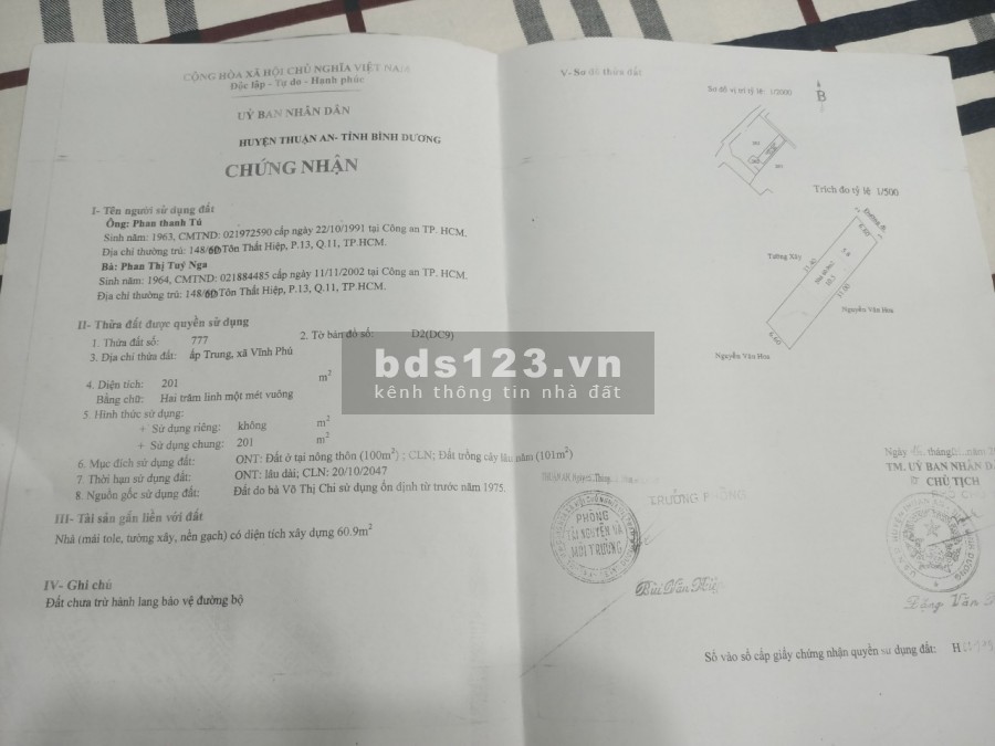 Đất 200m2 Thuận An, Bình dương, đã có 100m2 Thổ cư