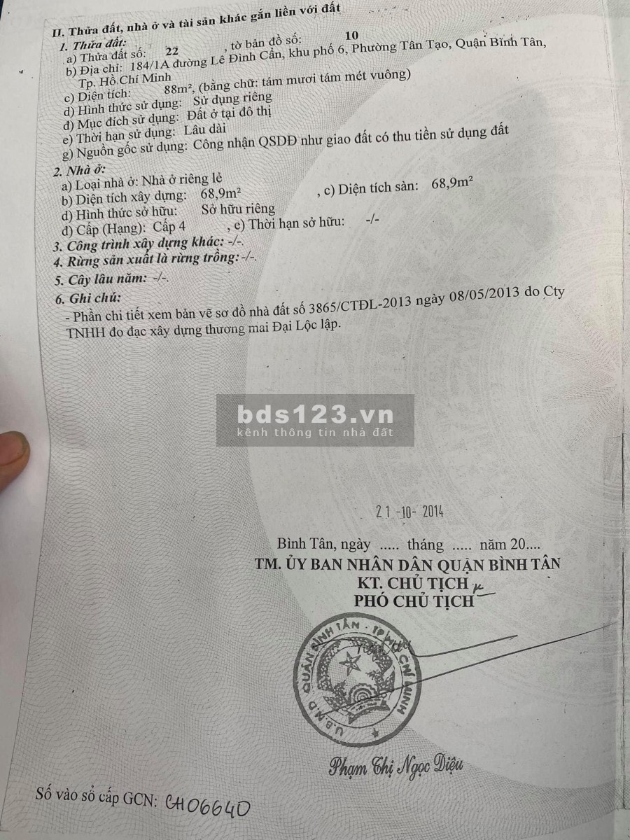 Cần bán gấp căn nhà 184/1A, Lê Đình Cẩn, phường Tân Tạo, Quận Bình Tân, HCM