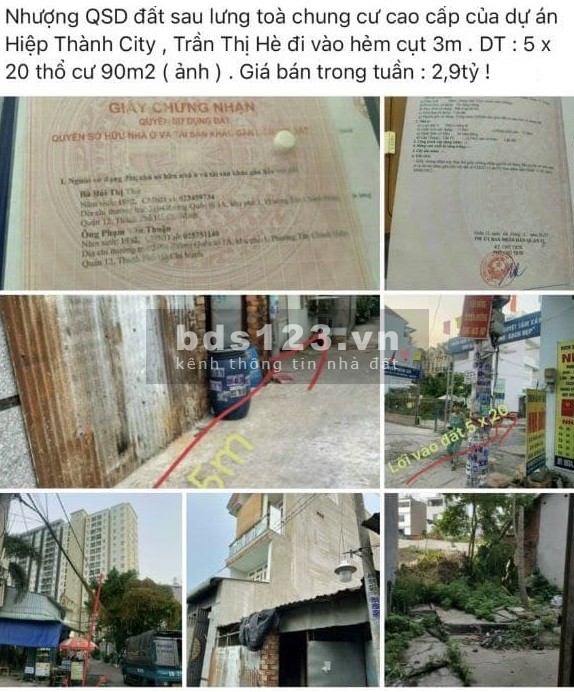 Cần tiền bán gấp lô đất 100m2 sau lưng Hiệp Thành City