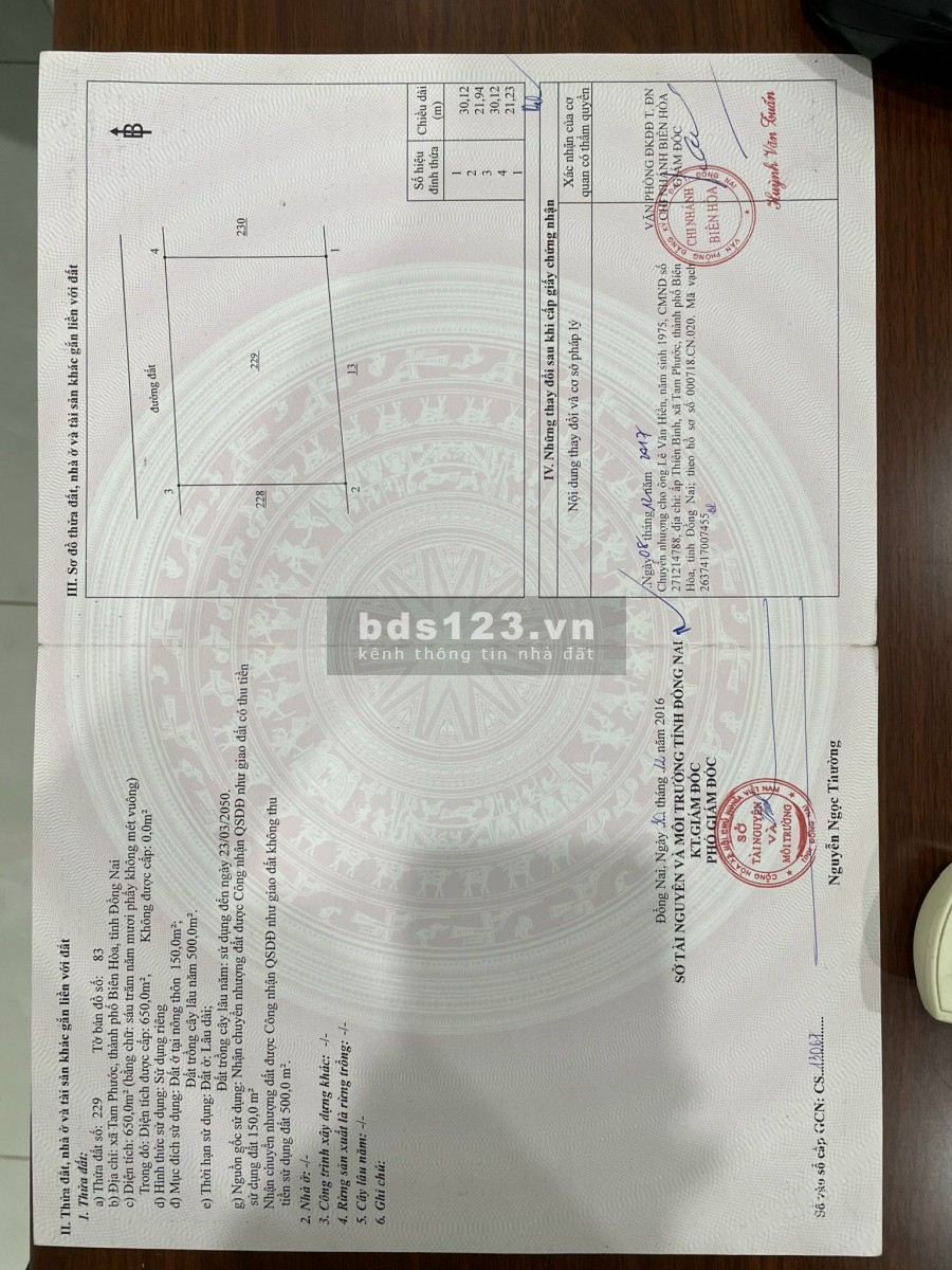 Bán đất TP biên hòa, Xã tam phước, 650m2, sổ sẵn 30*20m LH 0587853561