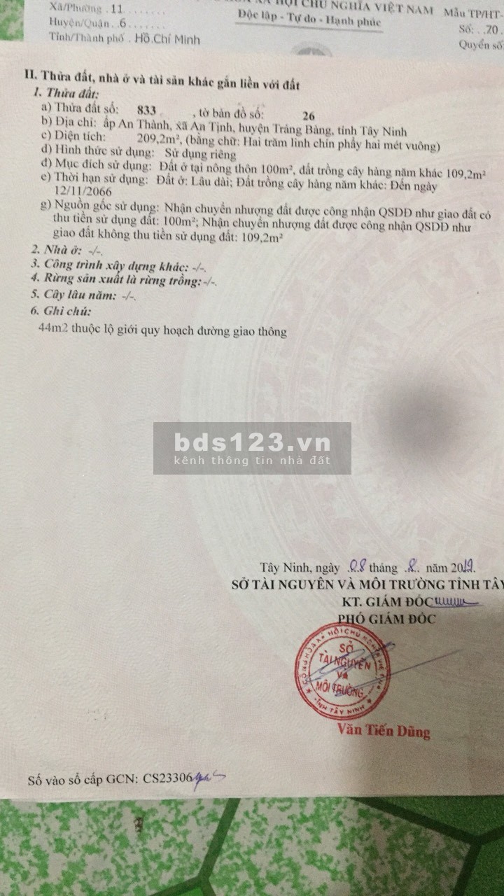 Chính chủ cần bán gấp đất mặt tiền đường Hương Lộ 2 ngay xã An Tịnh, Trảng Bàng, tỉnh Tây Ninh