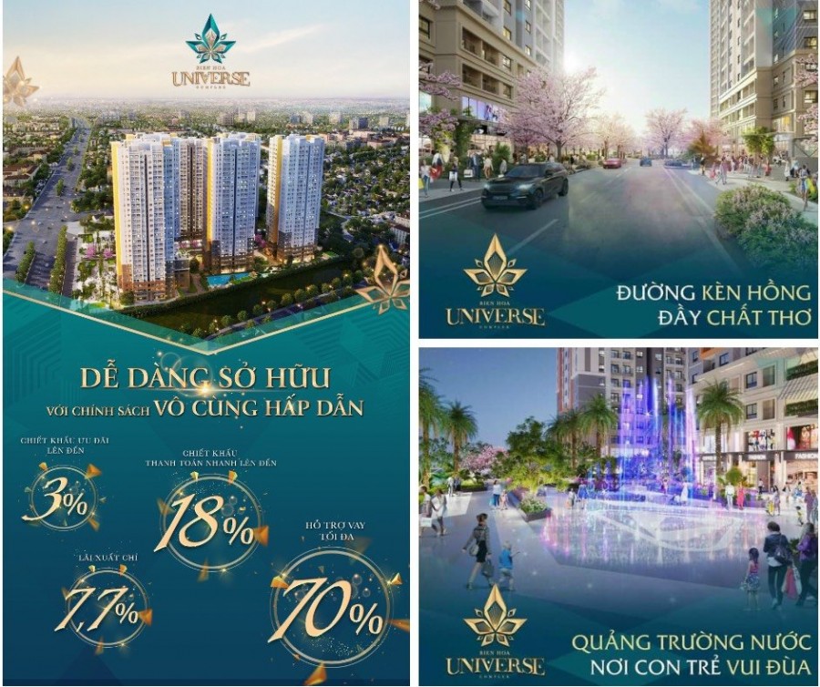Căn hộ cao cấp chỉ từ 2.231tỷ 2pn 2wc, thanh toán 334 triệu ký hợp đồng, cc Biên Hoà Unverse Complex