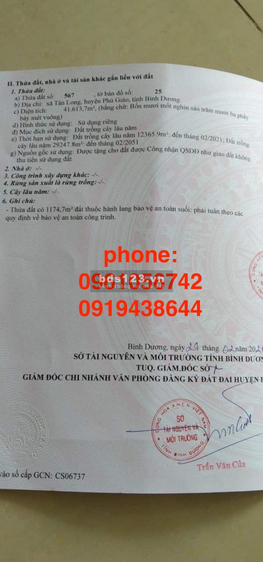 Cần bán gấp lô đất hơn 4 hecta Tân Long, phú giáo, liên hệ 0919438644